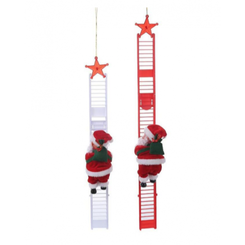 Santa Claus escalador con escalera roja o blanca – Figura navideña colgante con movimiento y luces, funciona con pilas-– Adorno navideño colgante para árbol, ventana o pared de longitud de escalera 70cm-Por Mayoreo M6143-12