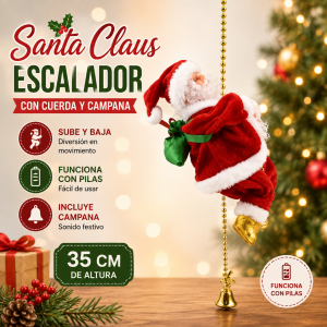 Santa Claus escalador de 35 cm con cuerda y campana, ideal para decoración navideña. Venta por mayoreo