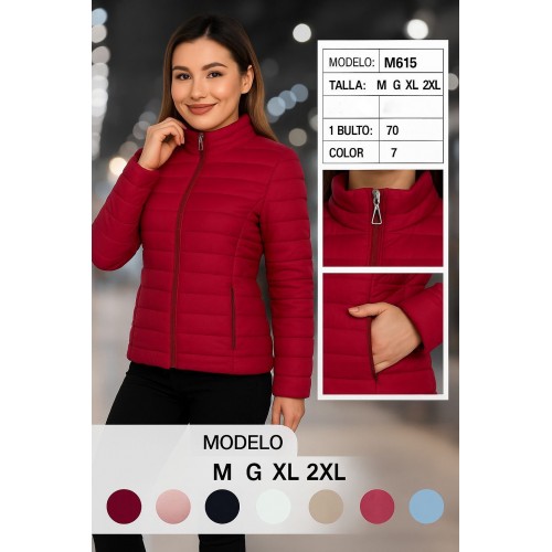 Chamarra acolchada para dama . Diseño ligero, térmico y cómodo, ideal para clima frío. Venta al por mayor M615 