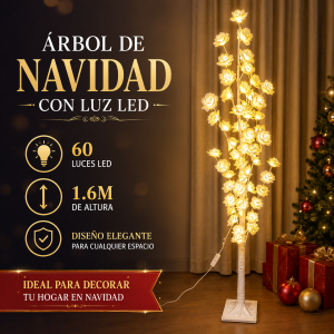 Árbol de Navidad con luz LED de 1.6 m de altura y 60 luces, ideal para decorar espacios en temporada navideña. Venta por mayoreo