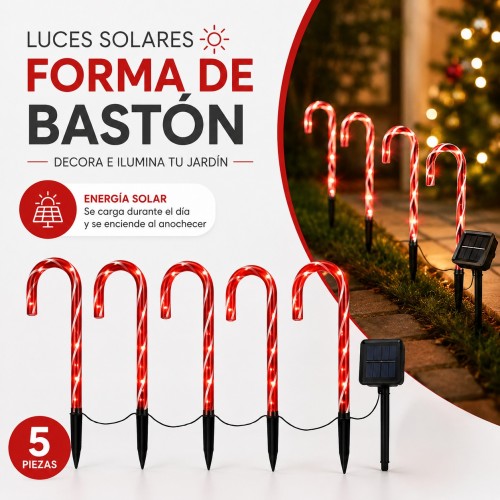 Set de 5 luces solares en forma de bastón con estacas, ideal para decoración navideña de jardín. Venta por mayoreo. Set de 5 luces solares en forma de bastón con estacas, ideal para decoración navideña de jardín. Venta por mayoreo.