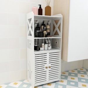 Gabinete organizador blanco de madera plástica con puertas y repisas abiertas, ideal para baño, cocina o tocador, diseño decorativo, venta por mayoreo 