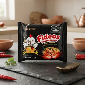 Fideos instantáneos coreanos tipo ramen con sabor original a pollo picante, en presentación individual de 122 gramos. Venta por mayoreo