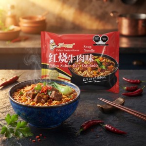 Sopa de fideos instantáneos sabor res estofada en presentación individual de 110 gramos. Venta por mayoreo