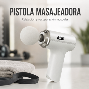 Pistola masajeadora muscular portátil ideal para relajación y recuperación física. Diseño práctico y moderno. Venta por mayoreo
