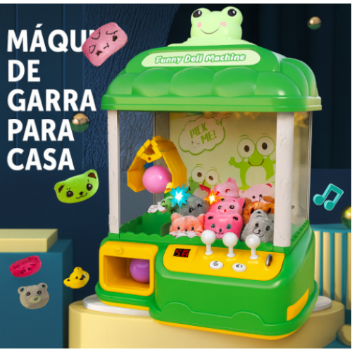 Máquina atrapa juguetes temática de rana para niños. Incluye muñequitos, luces, sonidos y controles fáciles. Venta al por mayor ME-076