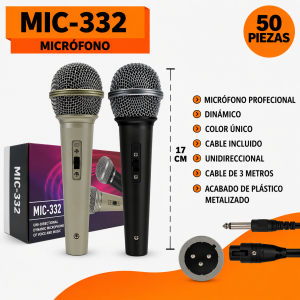 Micrófono Dinámico Profesional con Cable 3 Metros Acabado Metalizado por Mayoreo MIC-332