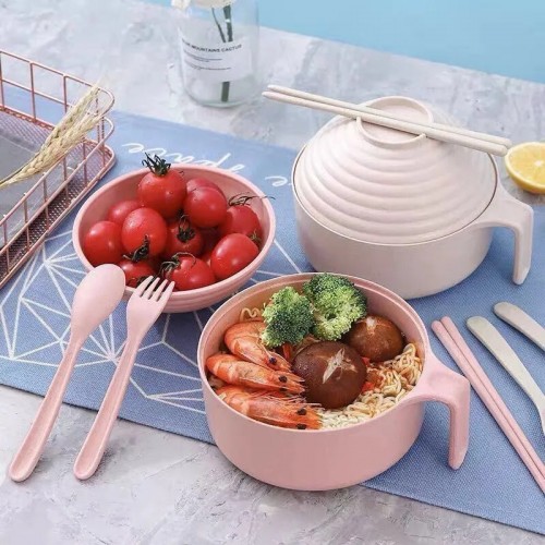 Juego de bowl para alimentos de paja de trigo: (bowl + tapa + cuchara, tenedor, palillos) para microondas MJ306