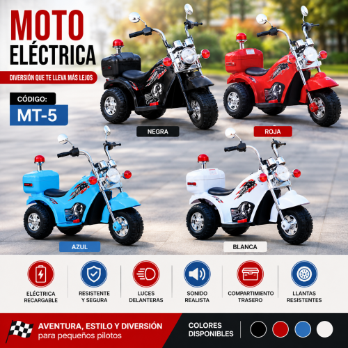 Moto Eléctrica Infantil de 3 Ruedas Recargable MT-5 con Luces y Música