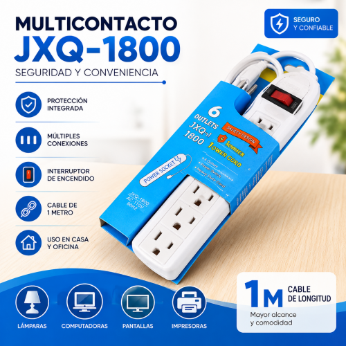 Multicontacto eléctrico de 6 tomas con interruptor y cable de 1 m