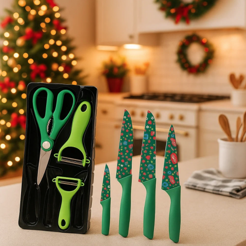 Set de cuchillos con diseño navideño, incluye cuchillos, pelador y tijeras. Colores surtidos. Modelo Chico. Venta por Mayoreo Set de cuchillos con diseño navideño, incluye cuchillos, pelador y tijeras. Colores surtidos. Modelo Chico. Venta por Mayoreo