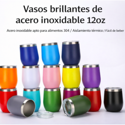 Vaso térmico de acero inoxidable 12 oz con acabado brillante, vaso aislante para bebidas frías y calientes, ideal para café, vino, cerveza y uso diario Venta al por mayor N1-210 