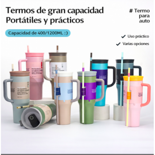Termo térmico de gran capacidad con asa y popote, vaso portátil de acero inoxidable para bebidas frías y calientes, ideal para auto, oficina y viajes Venta al por mayor N1-244 