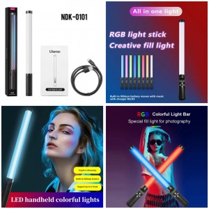 Barra de luz LED RGB recargable con múltiples colores y efectos. Ideal para fotografía, video, streaming y contenido digital. Venta por mayoreo modelo NDK-0101