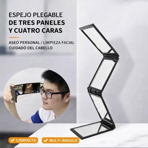 Espejo plegable multiángulo NHN-1910 de tres paneles y cuatro caras. Diseño portátil y ajustable que permite visualizar distintos ángulos del rostro. Ideal para maquillaje, cuidado personal y uso diario. Venta por mayoreo NHN-1910.