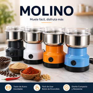 Molino eléctrico compacto con tazón de acero inoxidable, ideal para café, especias y granos. Venta por mayoreo