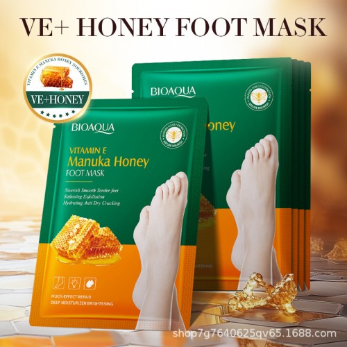 Mascarilla para pies BIOAQUA con miel de Manuka y vitamina E, efecto exfoliante, hidratante y reparador, presentación individual, modelo BQY01598, venta por mayoreo