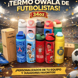 Termo deportivo de 34 oz estilo Messi y CR7, diseño premium ideal para uso diario, deporte y actividades al aire libre. para mantener bebidas frías o calientes por más tiempo. Perfecto para aficionados al fútbol y coleccionistas. Venta por mayoreo