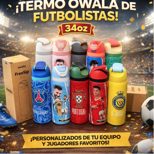 Termo deportivo de 34 oz estilo Messi y CR7, diseño premium ideal para uso diario, deporte y actividades al aire libre. para mantener bebidas frías o calientes por más tiempo. Perfecto para aficionados al fútbol y coleccionistas. Venta por mayoreo
