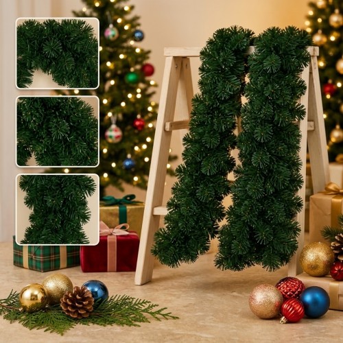 Guirnalda navideña verde de 240cm, ideal para decorar árboles, escaleras, puertas y barandales. Venta por mayoreo
