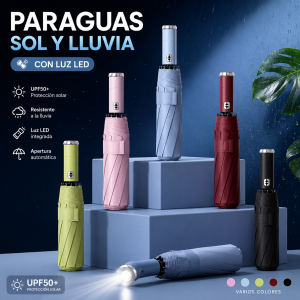 Paraguas tríptico plegable de 60 cm con iluminación LED y sistema de apertura y cierre automáticos. Colores variados. Venta por mayoreo
