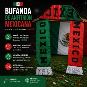 Bufanda mexicana ideal para aficionados al fútbol Mundial 2026. Diseño tricolor cómodo y ligero. Venta por mayoreo
