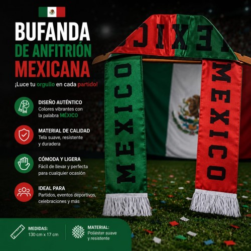 Bufanda mexicana ideal para aficionados al fútbol Mundial 2026. Diseño tricolor cómodo y ligero. Venta por mayoreo Bufanda mexicana ideal para aficionados al fútbol Mundial 2026. Diseño tricolor cómodo y ligero. Venta por mayoreo