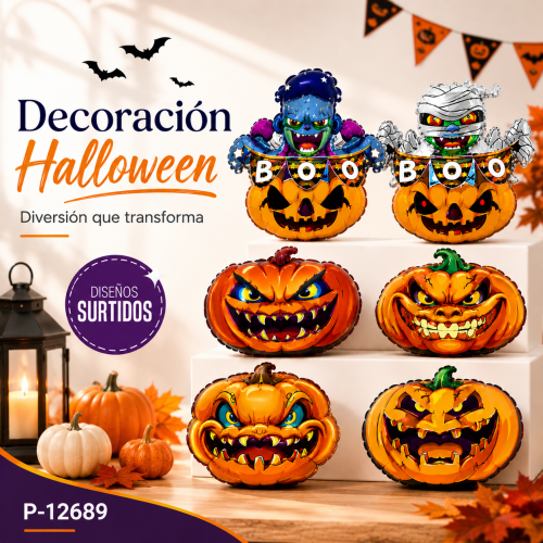 Adornos decorativos de Halloween con seis diseños surtidos de calabaza y personajes en colores naranja, negro, morado, verde, azul y blanco. Ideales para exhibición de temporada. Venta por mayoreo