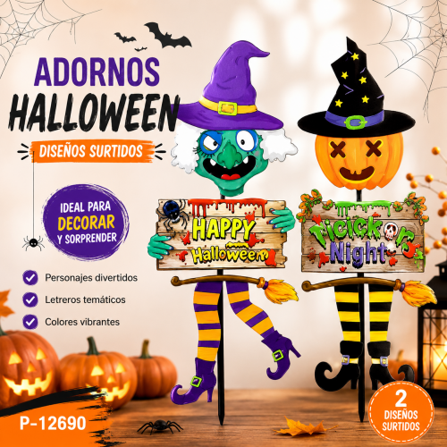 Adornos decorativos de Halloween con 2 diseños surtidos de personajes con sombrero y letreros temáticos en colores naranja, morado, negro, verde y amarillo. Venta por mayoreo  2) Meta Tag Título
