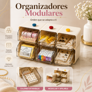 Organizadores modulares con cajones transparentes extraíbles, ideales para acomodar joyería, accesorios, papelería y artículos pequeños. Diseño apilable para mantener espacios ordenados. Venta por mayoreo
