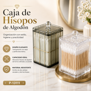 Caja transparente con tapa y perilla para almacenar hisopos de algodón de forma ordenada y accesible, ideal para baño, tocador, hoteles y spa. Venta por mayoreo
