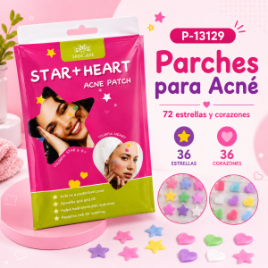 Paquete con 72 parches de colores para acné en formas de estrella y corazón. Venta por mayoreo