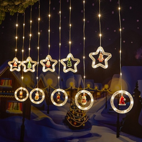 Serie estrella con círculos, cadena de luces navideñas para cortina, Papá Noel, tira de luces LED de cuero para decoración de ventanas y habitaciones  luz cálida P02 YELLOW