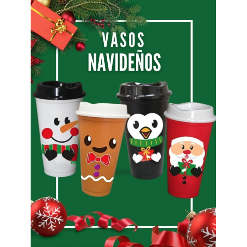 Vasos navideños con impresión a una tinta un logo atrás. Paquete 50 pcs.