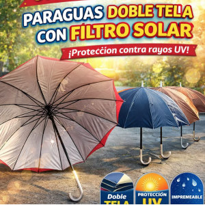 Paraguas reforzado con 16 varillas doble tela y filtro de de protección solar. Ideal para uso diario, temporadas de lluvia y sol intenso, mango curvo estilo metálico. Colores variados. Venta por mayoreo.