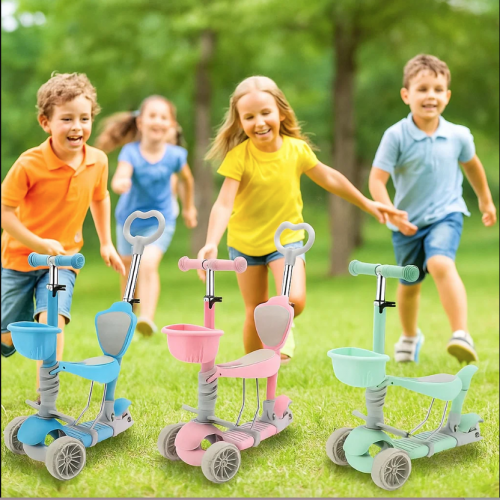 Patín scooter infantil premium 3 en 1 con asiento desmontable, canastilla y manubrio ajustable, diseño plegable, ideal para niños pequeños. Colores azul, rosa y verde. Venta por mayoreo 