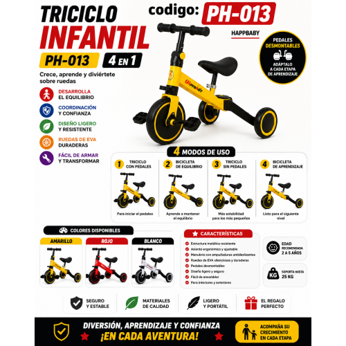 Triciclo Infantil de Equilibrio PH-013 con Pedales Desmontables y 4 Modos de Uso Triciclo Infantil de Equilibrio PH-013 con Pedales Desmontables y 4 Modos de Uso