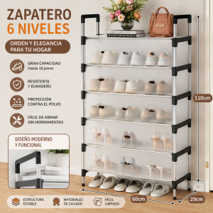 Zapatera de 6 niveles con cubierta antipolvo. Ideal para organizar calzado y ahorrar espacio en el hogar. Venta por mayoreo
