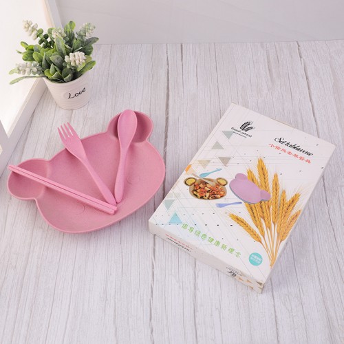 Set de plato infantil con forma de oso y cubiertos de trigo ecológico, ideal para bebés y niños pequeños, venta al por mayor PMY-15865