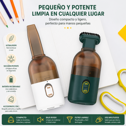 Aspiradora portátil ideal para escritorio, teclado y auto. Compacta y práctica para limpieza rápida. Venta por mayoreo