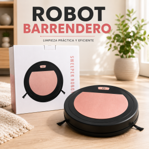 Robot barrendero tipo sweeper con diseño compacto circular y acabado bicolor, ideal para apoyo en limpieza diaria del hogar. Venta por mayoreo