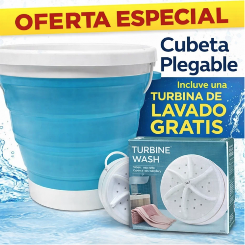Cubeta plegable portátil de 10 Litros ideal para lavado de ropa ligera, incluye turbina de lavado eléctrica tipo “Turbine Wash” para una limpieza más eficiente.. Venta por mayoreo