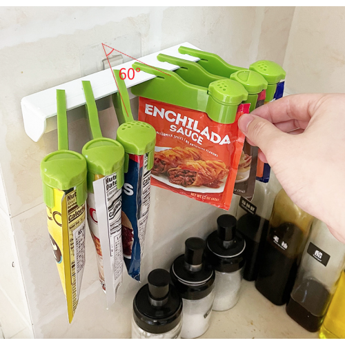 Estante de almacenamiento para bolsas de condimentos de cocina, sin perforaciones, clip de sellado para condimentos en bolsa, montado en la pared para preservación  RS-169