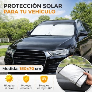 Parasol flexible para parabrisas medida 150x70 cm, ideal para bloquear rayos solares, reducir temperatura interior y proteger tablero y asientos del auto, plegable, fácil de colocar y guardar. Venta por mayoreo RS-344