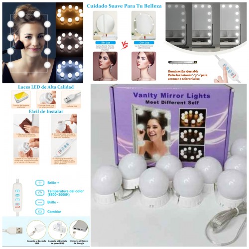 Kit de 10 luces LED para espejo con conexión USB, ideal para maquillaje, tocadores y decoración. Venta por mayoreo RSD-139