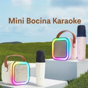 Bocina karaoke portátil con doble micrófono y luz LED. Ideal para fiestas y entretenimiento. Diseño compacto. Venta por mayoreo RSD-222