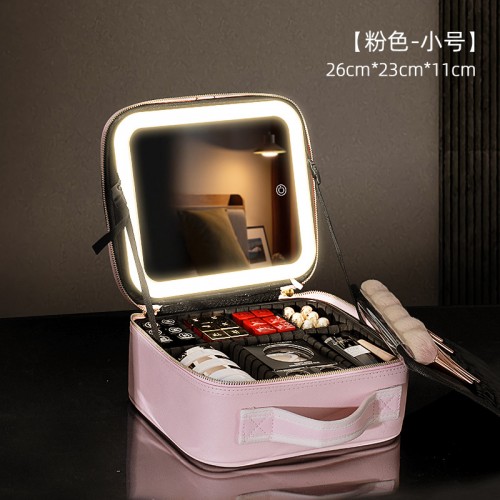 Estuche organizador de maquillaje con luz LED y espejo táctil RSD-404, ideal para viaje y tocador, venta por mayoreo 