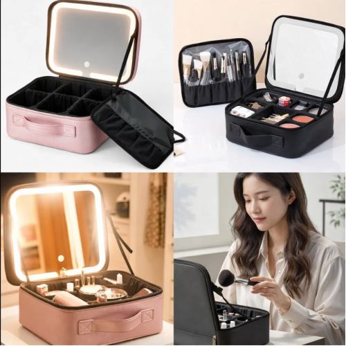 Estuche organizador de maquillaje con luz LED y espejo táctil RSD-404, ideal para viaje y tocador, venta por mayoreo 