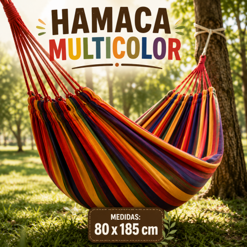Hamaca multicolor de 80 x 185 cm. Ideal para interiores y exteriores. Venta por mayoreo