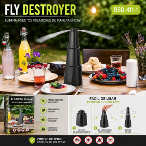 Ventilador repelente de moscas con diseño extensible, ideal para mesas y áreas de comida. Venta por mayoreo